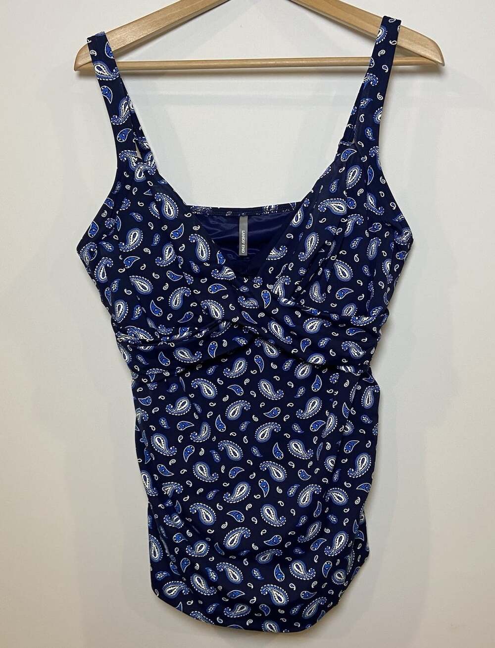 Lands' End Tankini Top Bathing Suit Swim Underwire Navy Blue Size 16 L Long